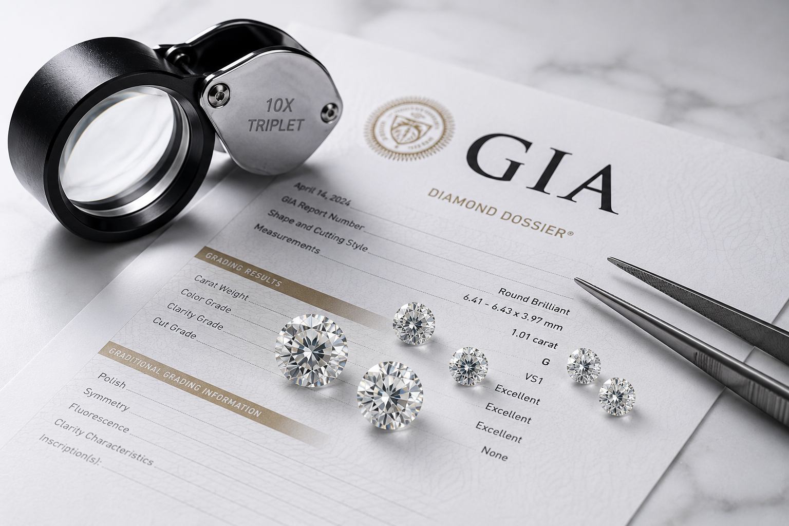 GIA diamond dossier with diamonds, loupe, and tweezers