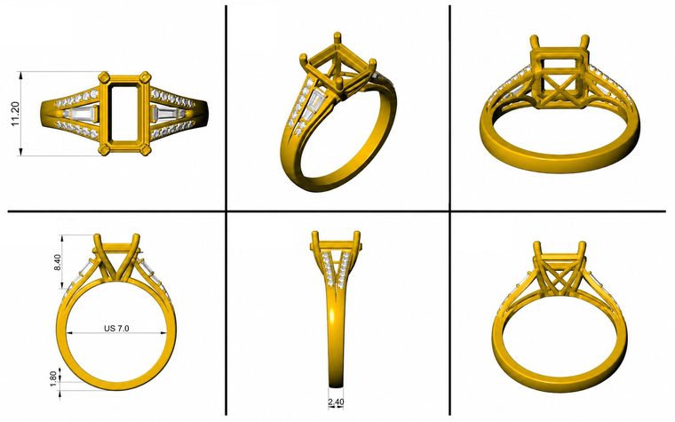 Split-shank baguette ring CAD design rendering
